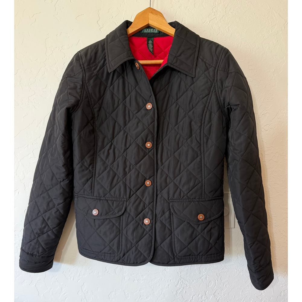 Lauren Ralph Lauren Black Quilted Barn Jacket Coat Red Lining Classic Large EUC
